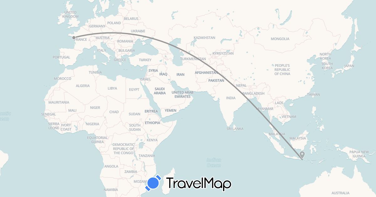 TravelMap itinerary: plane in France, Indonesia (Asia, Europe)
